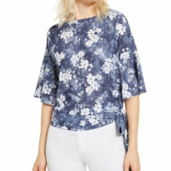 MICHAEL KORS Blue Tie Floral Bell Sleeve Top - Picture 1 of 4